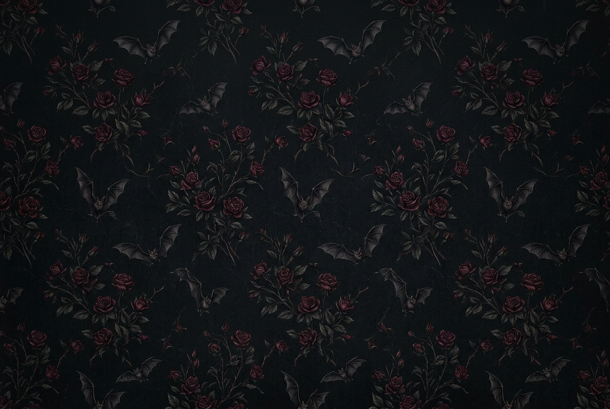 Gothic background with small bats and burgundy roses
